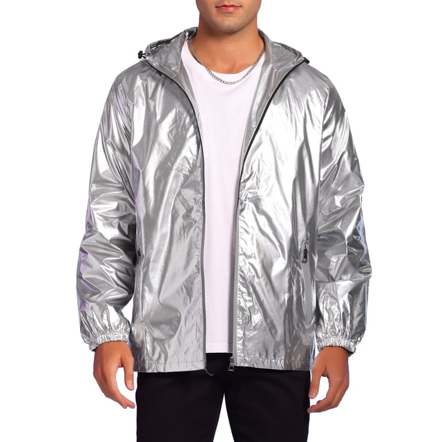 INSPIRE CHIC Metallic Jacket for Men's Sparkle Zipper Hooded Windbreaker Silver S