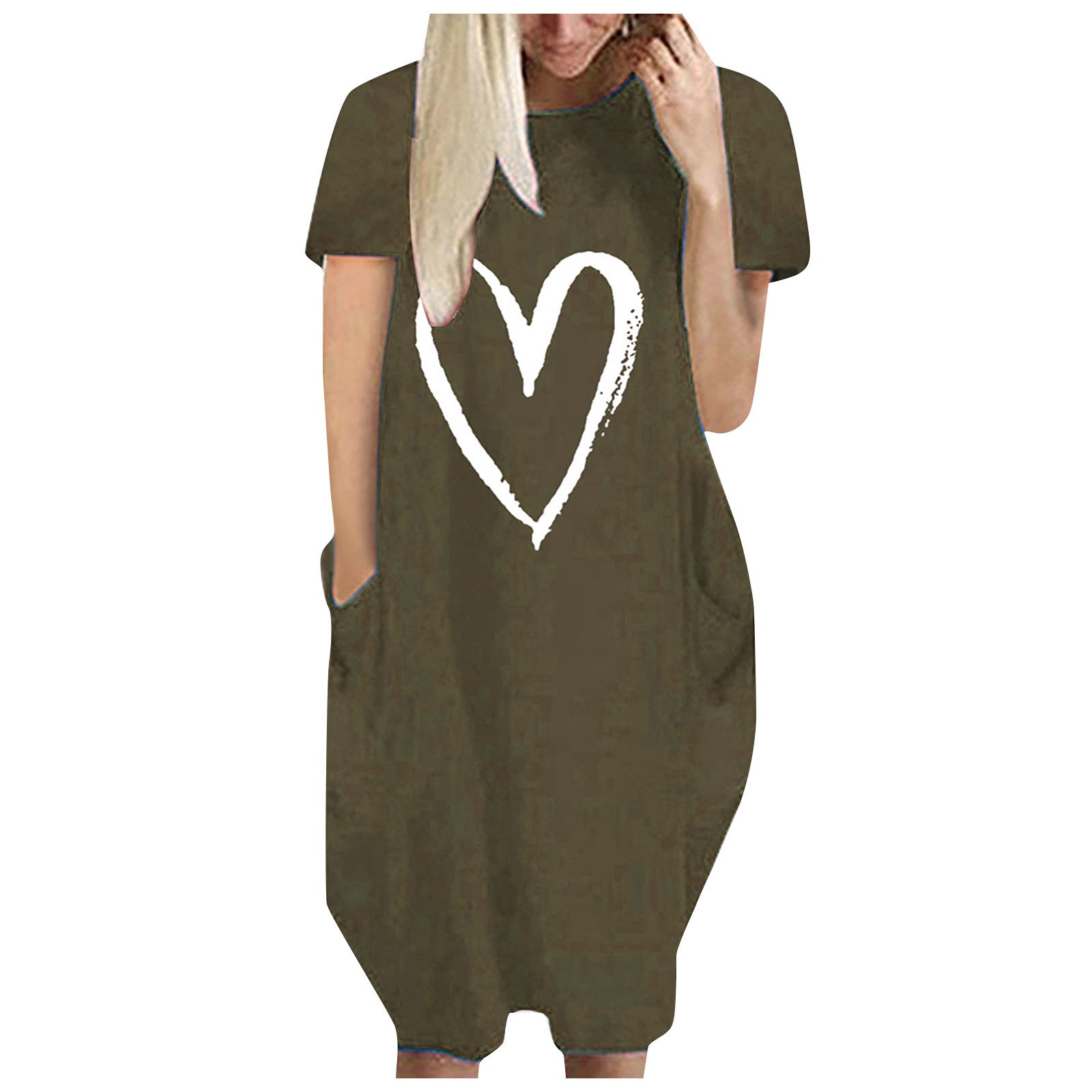 Pisexur Robe Maxi pour Femme Grande Taille Été Décontractée à Imprimé Cœur à Manches Courtes Col Rond Ample Unie Chemise de Nuit Plissée Robe de Sommeil Confortable avec Poches