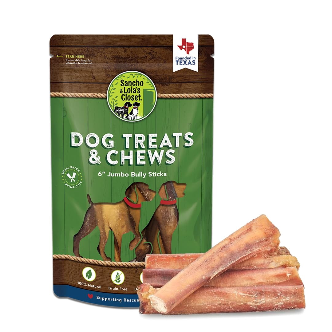 Supreme 6-inch Jumbo Bully Sticks by Sancho and Lola’s (5 Pack) All-Natural, Long-Lasting Dog Chew Treats - Free-Range, Grass-Fed Beef - Low Odor