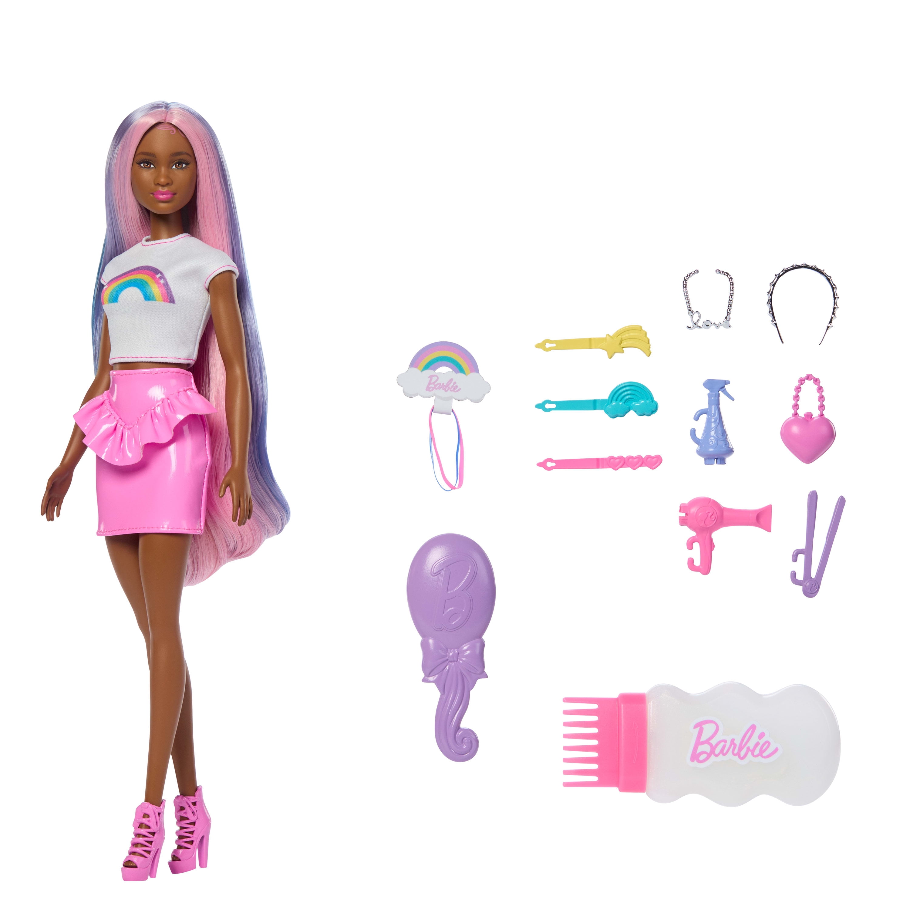 Poupée mode Barbie Cheveux paillettes et arc-en-ciel avec cheveux très longs et 12 accessoires de coiffure