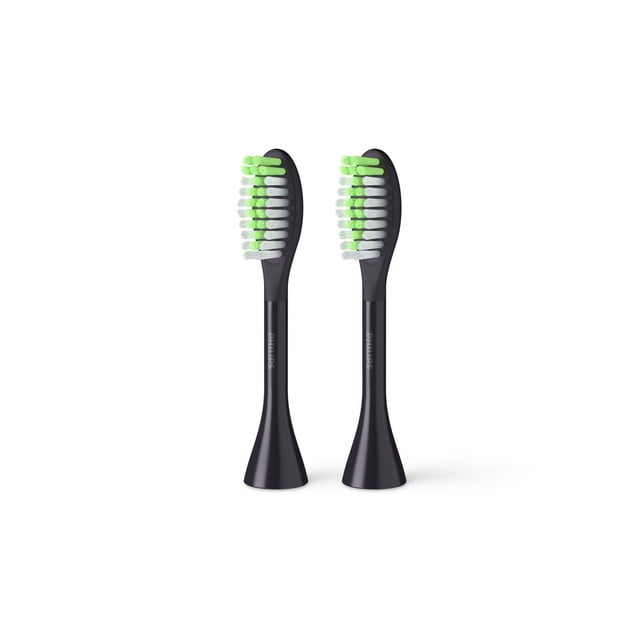 Philips One by Sonicare Lot de 2 Brosses Heads en Noir avec Poils Effilés Verts et Blancs Conçus pour les Micro-Vibrations pour Polir les Dents, compatible Uniquement avec les Poignées Philips One by Sonicare, Représentées Verticales sur un Fond Blanc.