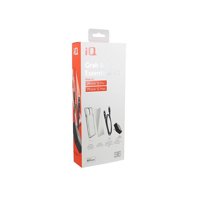 iQ Grab & Go Essential Kit for iPhone 12/12 Pro | Premium Bundle with iSHIELDZ Screen Protector, Clear Slim Case, Braided Charging Cable, and 18W Quick Charge AC Wall Charger