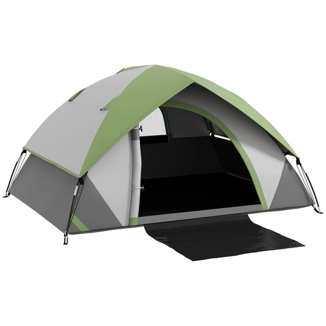 Outsunny 2 Man Camping Tent, grey and green dome tent designed for family camping trips. Features a waterproof 3000mm polyester shell, mesh window for ventilation, and an extended floor for muddy shoes. Includes sewn-in groundsheet, 10 ground stakes, 4 guy ropes, and a carry bag for portability. Dimensions: 43.25 inches high, 82.75 inches long, and 59 inches wide.