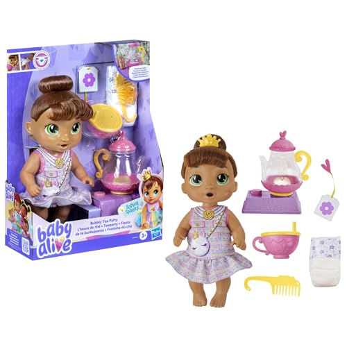 Baby Alive Poupée Bubbly Tea Party Sophia avec Accessoires de Théière, Cheveux Bruns, 11 Pouces, Jouets pour Filles et Garçons de 3 Ans et Plus