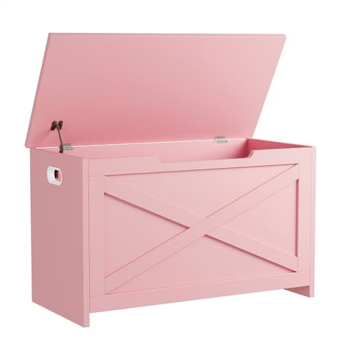 Pink Storage Chest, Storage Bench with Safety Hinge, Farmhouse Style Wooden Trunk for Entryway, Bedroom, Living Room