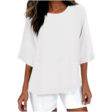Blouses pour Femmes à Manches 3/4 en Liquidation Hauts en Coton et Lin pour Femmes Tunique à Manches 3/4 à Col Rond Blouses Décontractées Grande Taille T-Shirt Ample Nouveau Blanc TG