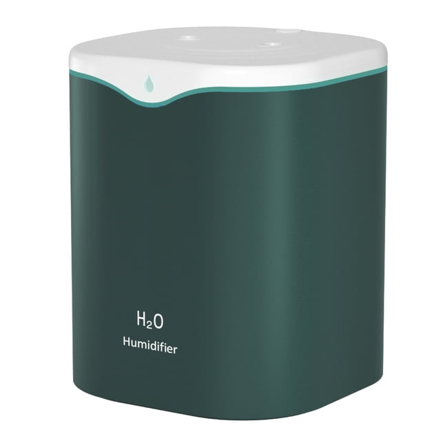 2L Double Spray Humidifiers with LED light in a compact, rectangular design featuring a green body and white top. This portable desk humidifier includes double nozzles for enhanced mist output, a 2L capacity for up to 12 hours of operation, and an auto shut-off feature for safety. Ideal for bedrooms, baby rooms, and home use, it also includes a night light for added ambiance.