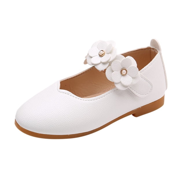 Children Kid Baby Girls Solid Flower Student Single Soft Dance Princess Shoes in white, featuring a PU upper material with a soft texture and a hook-and-loop closure for easy wear. The design includes two decorative flower accents on the strap and a durable rubber sole with anti-slip properties. Suitable for toddlers and little kids, available in sizes ranging from EU 22.5 to EU 34.
