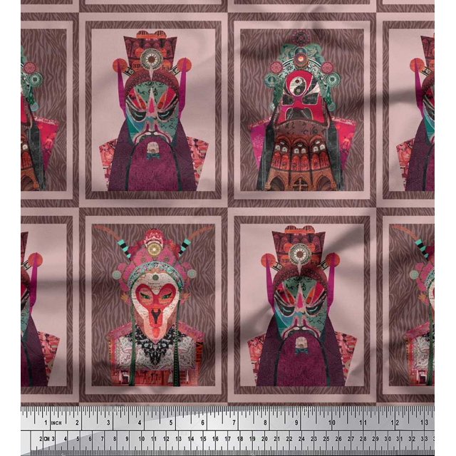 Soimoi Polyester Crepe Fabric Animal Skin & Chinese Opera Mask Devil Print Fabric by The Yard 42 Inch Wide