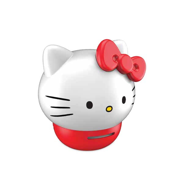 Hello Kitty Wireless Speaker shaped like Hello Kitty's white head with black eyes, whiskers, yellow nose, and a red bow and base, a rechargeable portable Bluetooth speaker for wireless music anywhere.