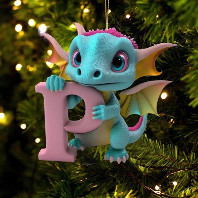 Fridja Personalized Dinosaur Christmas Ornament 26 Letters Hanging Pendant Ornaments 2024 Plastic Initial Monogram Xmas Tree Decorations with Hanging Rope Unique Customized Fun Gift for Kids (P)