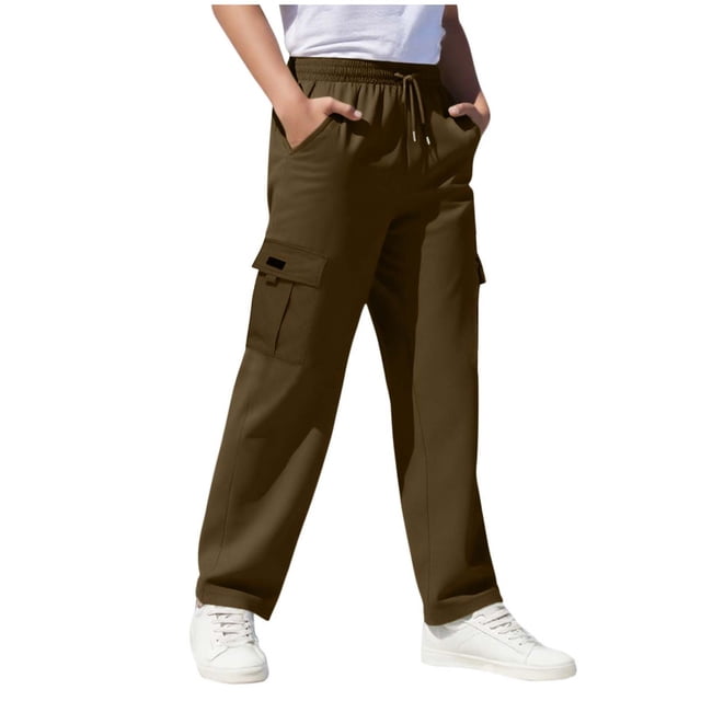 Children's Solid Color Stretch-Belt Work Pants with Pockets, Medium Size Casual Baggy Pants, Adult Version
