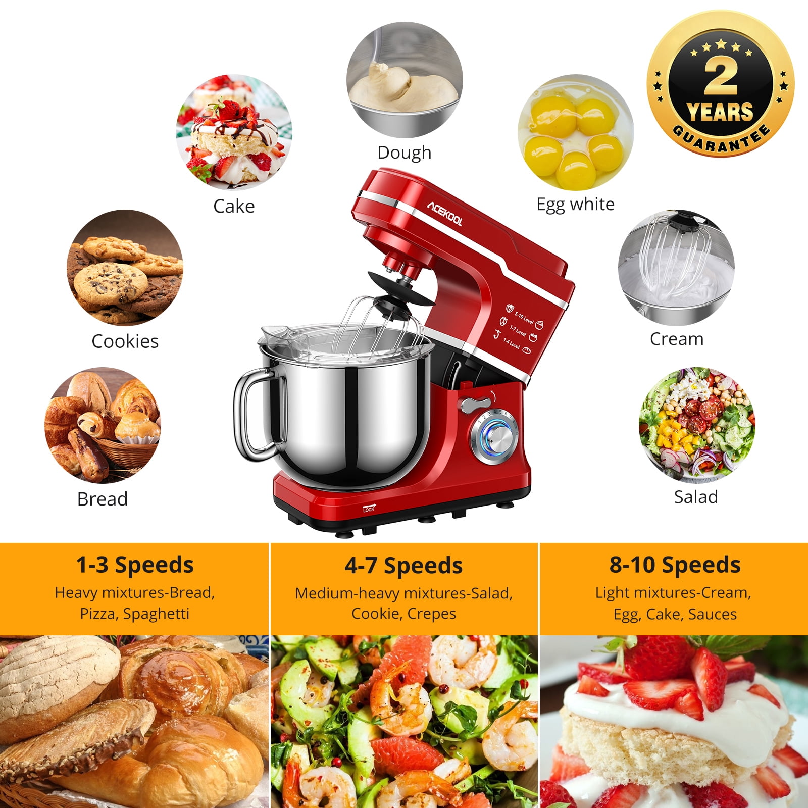 660W 7.5QT Stand Mixer – 10-Speed Tilt-Head Electric Kitchen Mixer – Stainless Steel Bowl, Whisk, Dough Hook, Beater, Splash Guard – Ideal for Bread,Dough – Compact Silver Household Mixer – Silver
