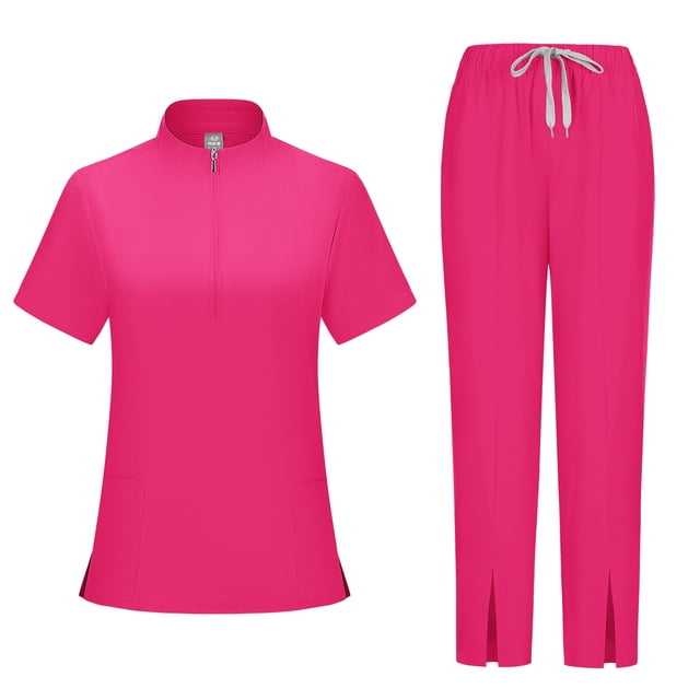 Ktyne Ensemble de Sarraus Roses pour Femmes Extensible Uniforme d'Infirmière à Manches Courtes Sarrau et Pantalon Tenue de Sarrau de Couleur Unie avec Multiples Poches Rose Vif m