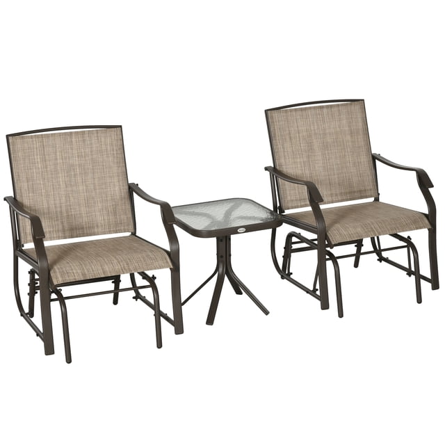 Outsunny 3 Piece Patio Rocking Chair Set with two glider chairs featuring curved armrests, high backs, and breathable light mixed brown mesh fabric on a brown steel frame. Includes a square tempered glass table for easy cleaning. Ideal for patios, gardens, balconies, or small outdoor spaces, this bistro patio set offers comfort and relaxation.