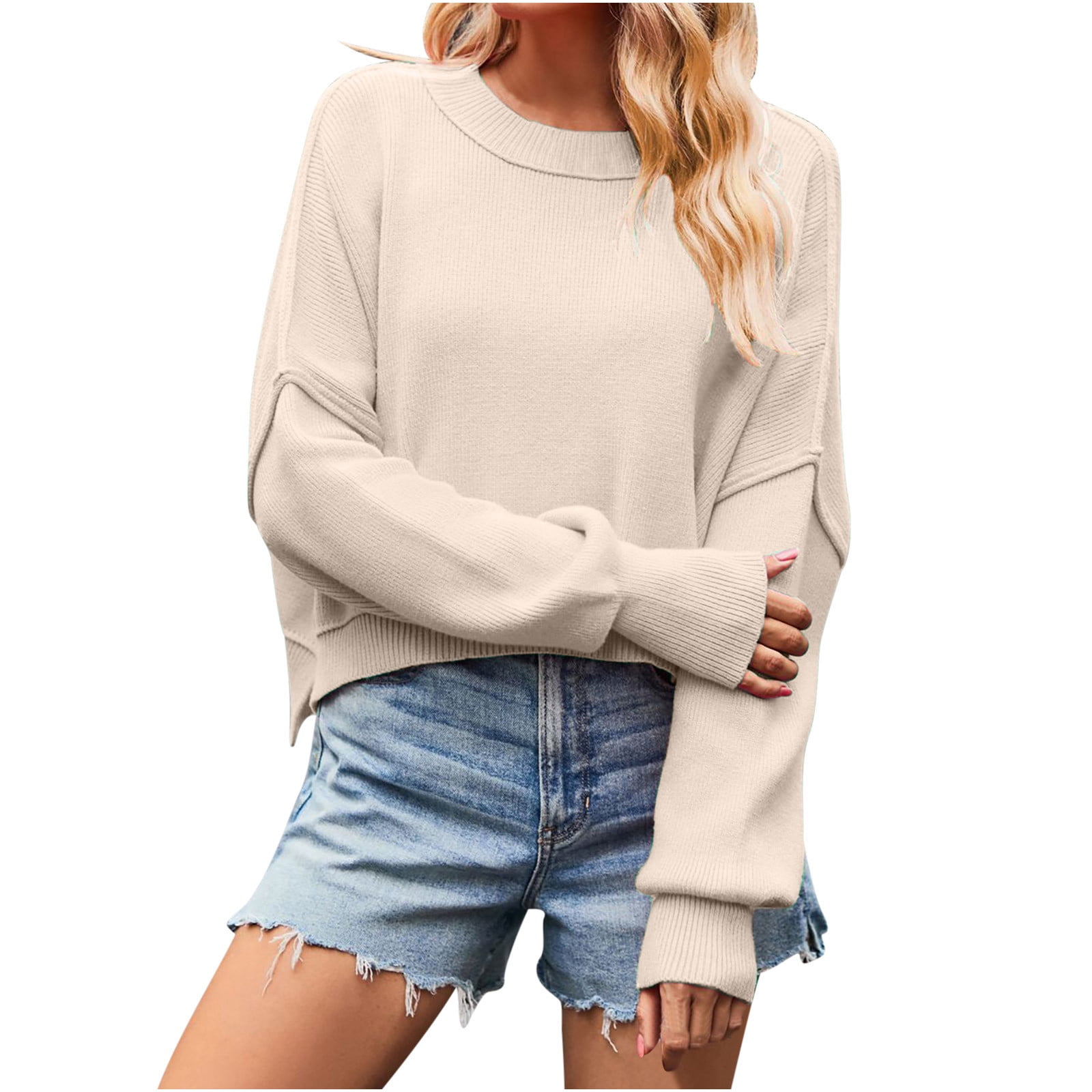 Timegard Women's Sweaters Cropped 2024 Fall Winter Sweater Long Sleeve Pullover Side Slit Knit Tops