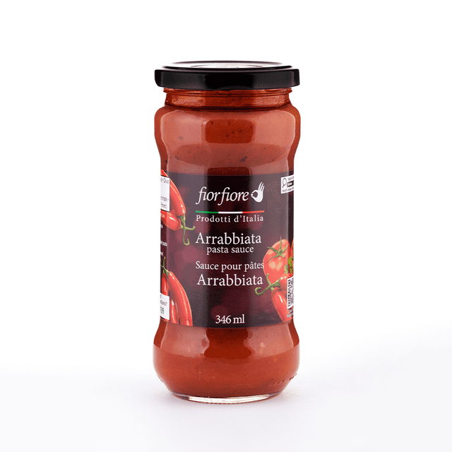 Fiorfiore Arrabbiata Pasta Sauce 346ML in a clear glass jar with black lid, featuring a label with red chili peppers and tomatoes, a spicy Italian tomato sauce from Rome and Lazio, ideal for pasta dishes and as a versatile cooking sauce.