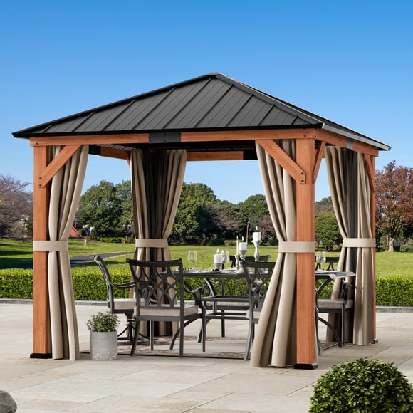 Modern Shade Tranquil Grove 10'×10' Wood Grill Gazebo Galvanized Steel Roof, Mosquito Netting, Curtains & Hooks for Garden/Backyard