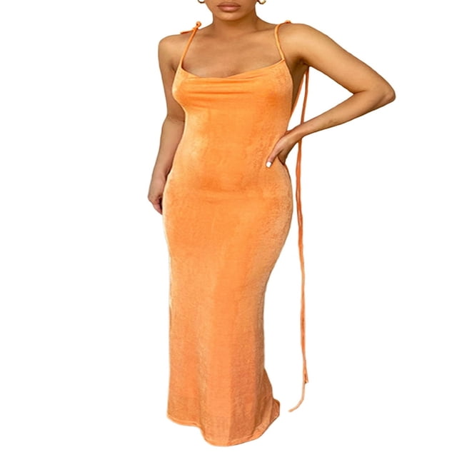 Women Open Back Slip Dress Solid Color Spaghetti Strap Floor Length Skirt Black/ Beige/ Blue