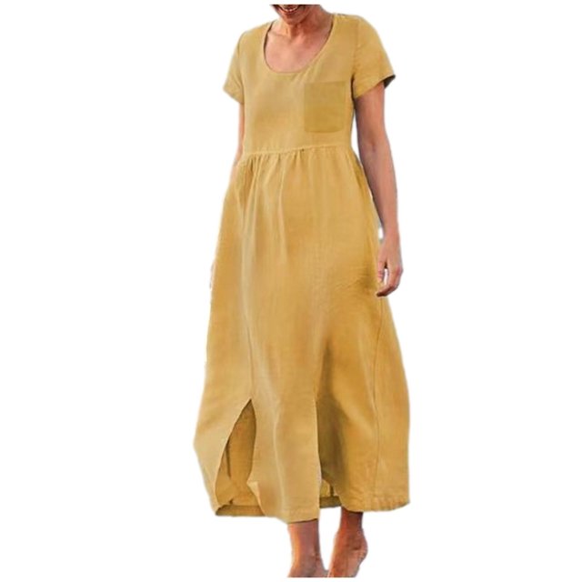 Robes Boho pour Femmes Été Plage Coton Lin Robe Maxi Col Ras du Cou Manches Courtes Fendue Vacances Robe Longue Unie