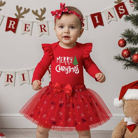 DEXIANG Christmas Baby Girls Outfits Long Sleeve Romper Skirt Hair Accessories Set Holiday Party Dress Toddler Winter Clothes Crop Top and Sweatpants Hoodie with Pants Baby Girl Birth Girls Clothes