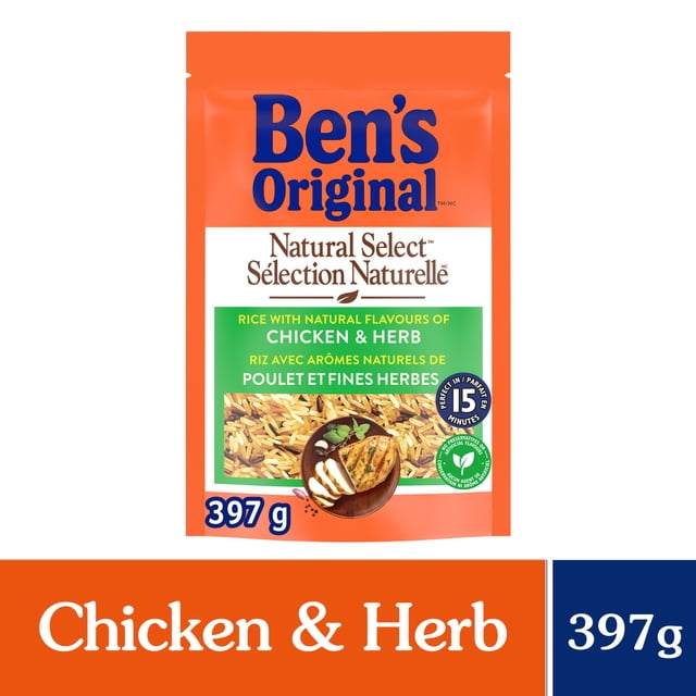BEN'S ORIGINAL NATURAL SELECT Chicken & Herb Flavour Rice 397g pouch with orange packaging, featuring parboiled long grain rice infused with natural chicken and herb flavours, ready in 15 minutes without artificial preservatives, ideal for quick meals and side dishes.