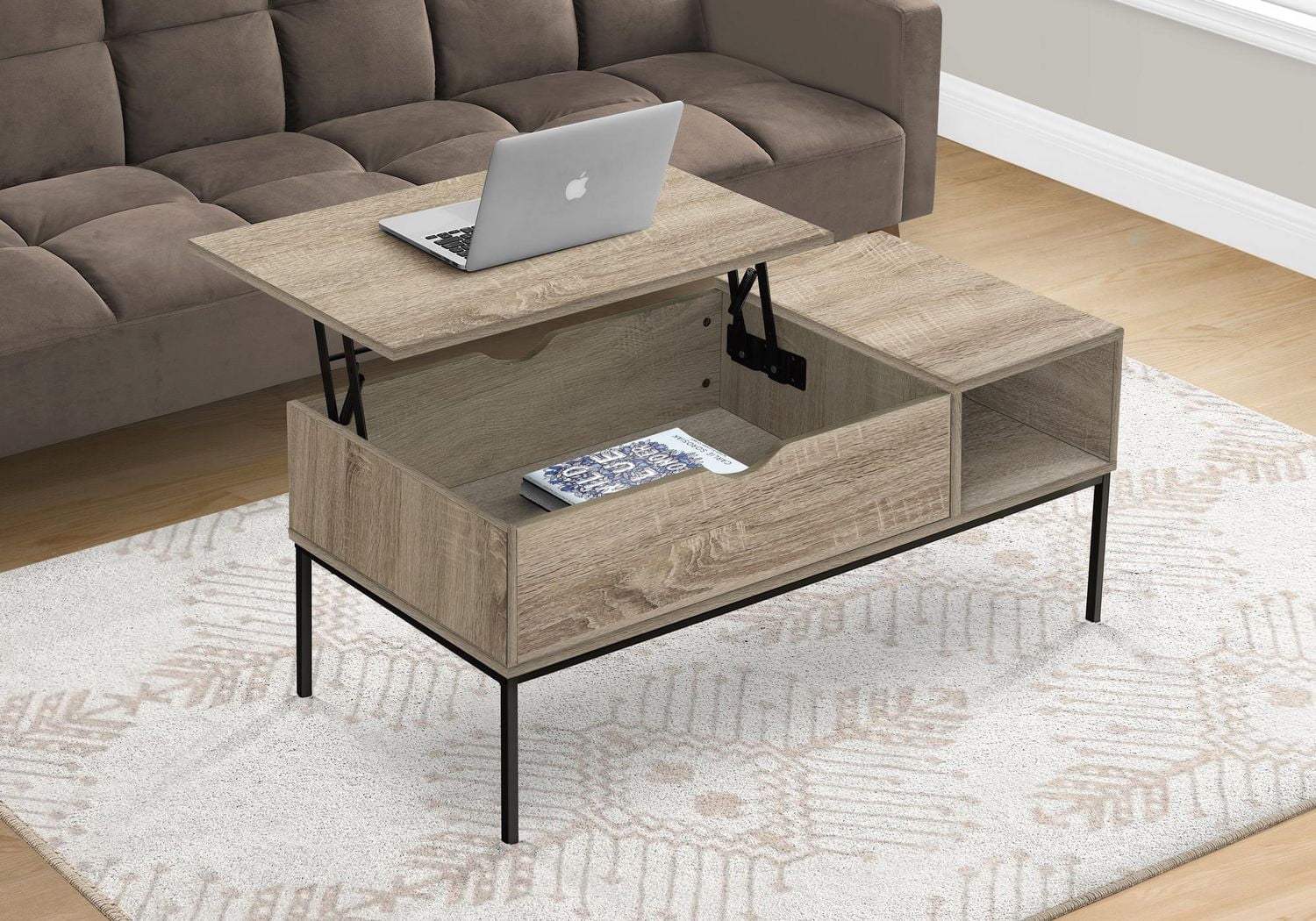 Monarch Specialties Table Basse, 42" L, Rectangulaire, Cocktail, Toit Relevable, Taupe Foncé, Métal Noir, Contemporain, Moderne
