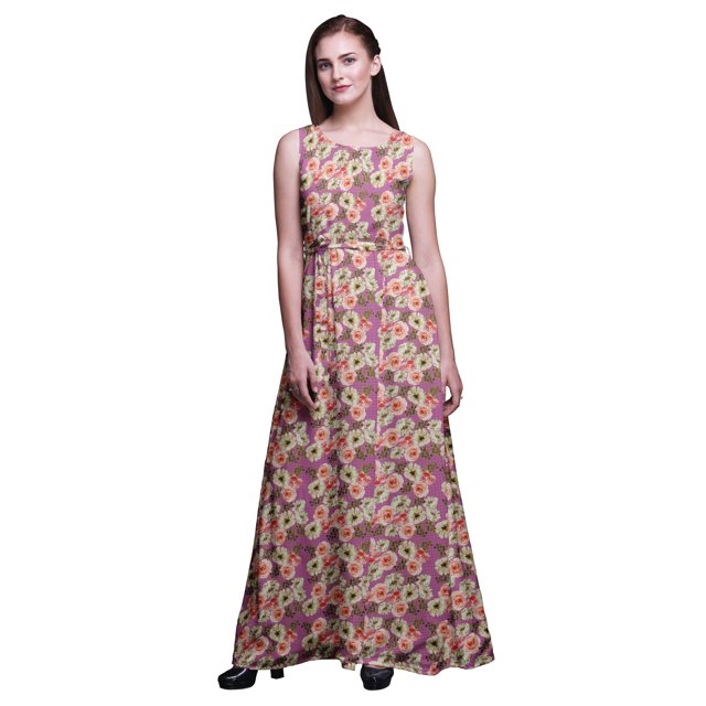 Bimba Floral Printed Women Sleeveless Gown Chic Style Long MaxiDress-Small
