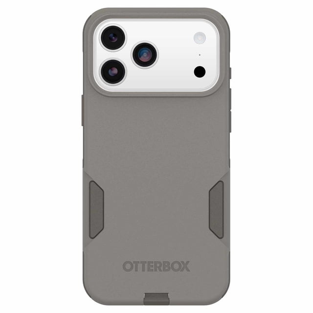 OtterBox Commuter MagSafe Case w/Camera Control Grey Comfort for iPhone 17 Pro Max with a slim, rugged grey dual-layer design featuring textured sides for secure grip, precise cutouts and bumpers protecting triple rear cameras, port covers blocking dust, and built-in magnets for MagSafe charging, suitable for reliable drop protection and everyday adventures.