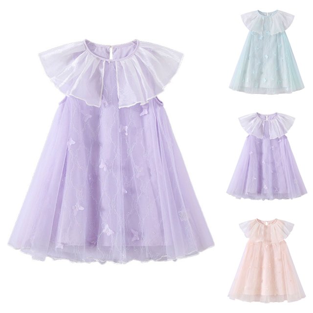 LOVZFMLL Girls' Summer Short Sleeve Ruffled Lace Round-Neck Embroidery Mesh Princess Bow Skirt