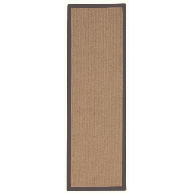 Athena Cork & Slate 2'6" x 12' Runner with a natural cork-coloured wool surface and dark slate blue cotton binding, tufted and hand-sewn in the USA with mitered corners, ideal for hallways or long bathrooms and suitable for layering in transitional interiors.