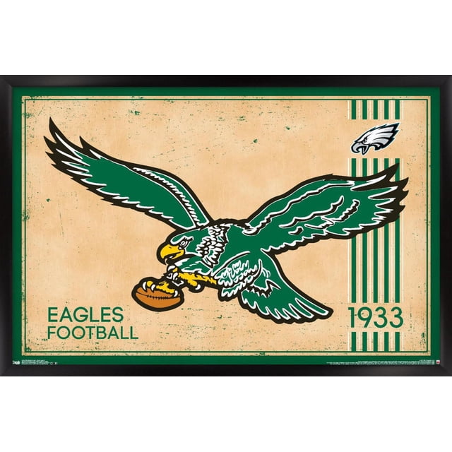 NFL Philadelphia Eagles - Affiche Murale Logo Rétro 14, 22,375 Pouces x 34 Pouces Encadrée, Mettant en Vedette un Aigle Vert vintage avec des accents Blancs et Noirs Tenant un Ballon de football Brun sur un Fond Texturé beige avec Bordure Verte, Petit Logo Moderne des Eagles, et l'Année 1933 à Rayures Vertes, art Mural Idéal pour la Déco de la Maison et les Amateurs de Sport.