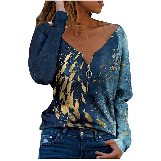 Pompotops Femmes Mode Casual Imprimé V-Cou à Manches Longues Tops Chemisier