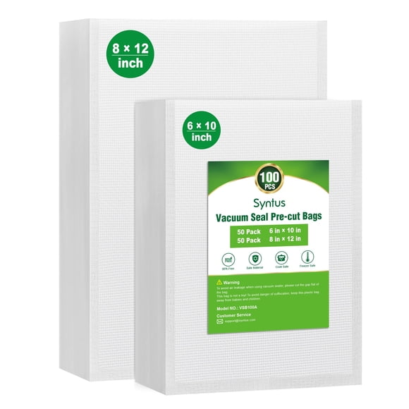 Syntus Vacuum Sealer Bags 100 Quart 8"" x 12"" and Pint 6"" x 10"" Commercial Grade PreCut Bag BPA Free Food Vac Bags for Storage Meal Prep or Sous Vide
