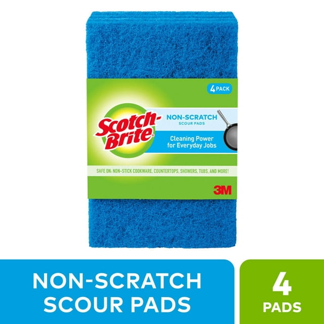 Scotch-Brite® No-Scratch Scour Pad 4-pack with blue textured non-scratch scour pads designed for kitchen cleaning tools, safe on non-stick cookware, countertops, showers, and tubs, featuring the Scotch-Brite logo on a green and white label.