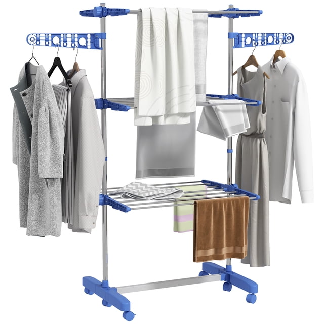HOMCOM Séchoir à Vêtements à 3 Niveaux Pliable et Ajustable avec Cadre en Acier Inoxydable et accents Bleus. Comprend 6 Plateaux, 2 Ailes Latérales avec Fentes et Pinces Ondulées pour des solutions Polyvalentes de Séchage de Lessive. Comprend 6 Roues Pivotantes, 2 Verrouillables, pour un Déplacement Facile. Idéal pour l'Intérieur Ou le Balcon, avec Supports Ajustables et Pieds Pliables pour un Rangement Gain de Place. Supporte jusqu'à 66 Lb au Total.