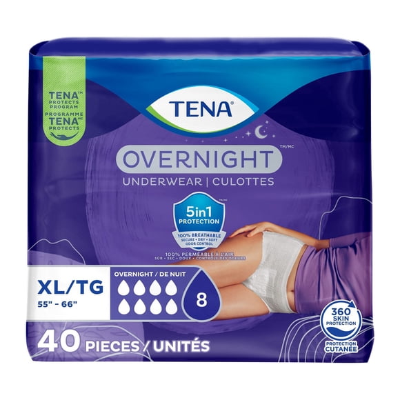 TENA Incontinence Underwear for Women, Postpartum and Bladder Control, Overnight Absorbency, Extra Large, 40 Count.