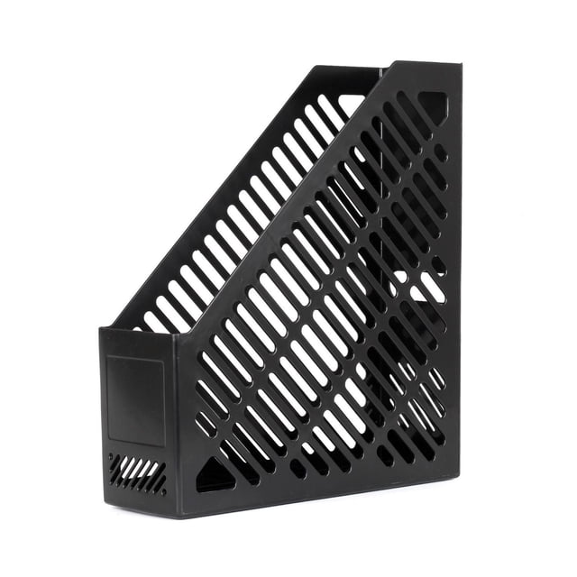 PG MAGAZINE HOLDER BLACK with a front-left angled view of a black plastic magazine holder featuring slotted sides and an integrated one-piece design requiring no assembly, ideal for desk organization, file collection, and suitable for storing notebooks or folders.
