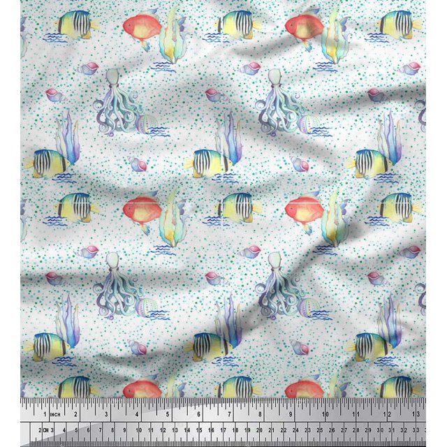 Soimoi Green Cotton Duck Fabric Fish & Octopus Ocean Print Fabric by The Yard 44 Inch Wide