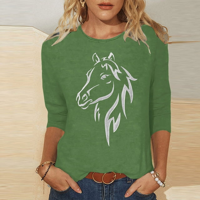 Baikeli Hauts d'Été pour Femmes Tendance Manches 3/4 Hauts pour Femmes Décontractés Blouses à Imprimé Animal d'Été Couleur Unie Chandail Ample Col Rond T-Shirts d'Été Hauts pour Femmes