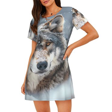Vsdgher Majestic Snowy Wolf Pattern Womens Short Sleeve Sleepshirt Scoopneck Cute Nightdress Ruffle Comfy Nightgown