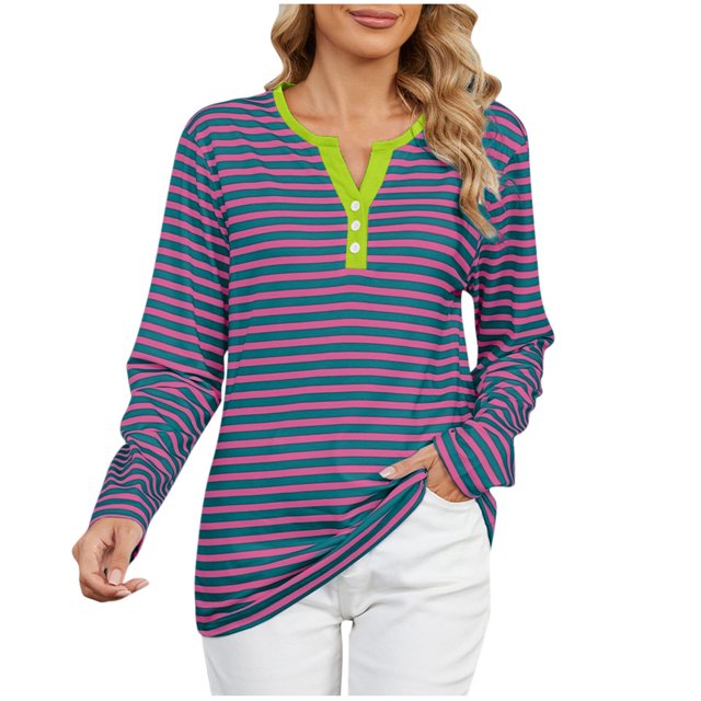 Timegard Hauts pour Femmes à Rayures Col en V Échancré Mi-Long Haut Automne Hiver Chic Décontracté Ample Confortable Blouse