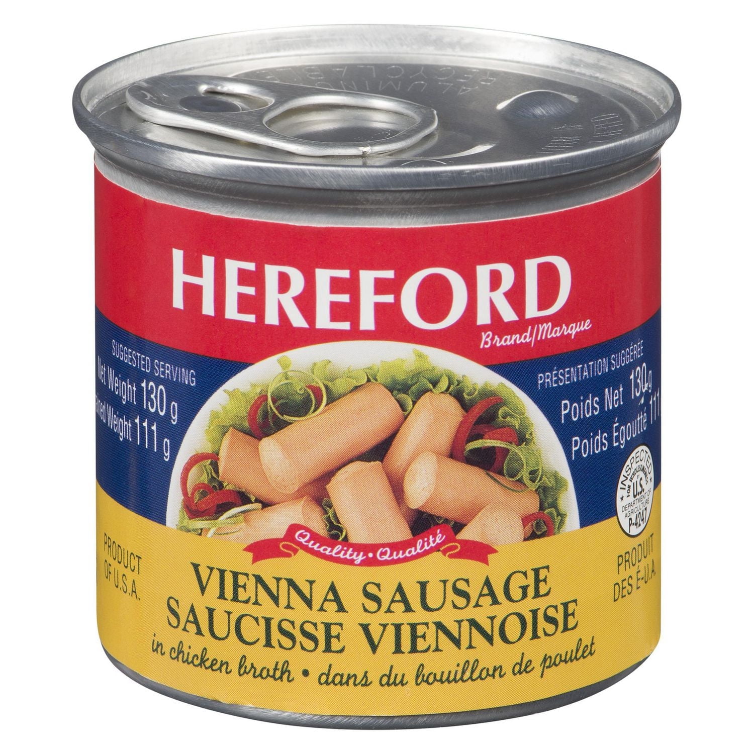 Saucisses de Vienne Hereford dans un bouillon de poulet, en conserve, 130 g