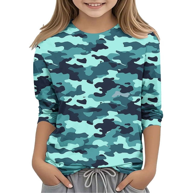 XZNGL Camouflage Print 3/4 Sleeve Round Neck Top for Kids , Soft Polyester-Spandex Blend , Breathable Fabric , Easy Pullover Design , Versatile Layering Piece , Machine Washable