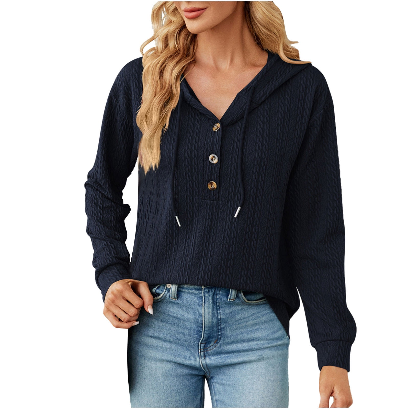 Timegard Chandails à Capuchon pour Femmes, Boutons, Manches Longues, Cordon de Serrage, Chandails Décontractés Amples, Chandail Mode