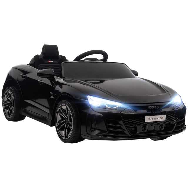 Aosom 12V 3.1 MPH Kids Ride on Car w/ Remote Control, Suspension, Black. This licensed Audi RS e-tron GT features a sleek black design with working headlights, a shock-absorbing suspension system, and a seatbelt for safety. It includes a remote control for parental operation, a horn, and music buttons on the steering wheel. Suitable for children aged 37-60 months, it has a speed range of 1.9-3.1 mph and a weight capacity of 55 lbs. The car is powered by a 12V battery with a runtime of 45 minutes per charge. Assembly required.