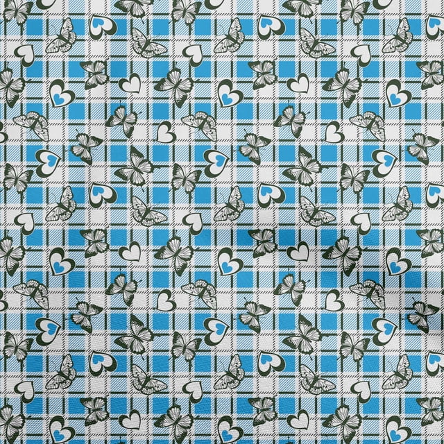 oneOone Cotton Silk Medium Blue Fabric Checks Heart & Craft Projects Decor Fabric Printed By The Yard 42 Inch Wide