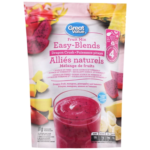 Great Value Easy-Blends Dragon Crush Fruit Mix frozen fruit blend bag with a pink dragon fruit smoothie image and illustrations of mango, pineapple, and banana. It makes 4 smoothies, is a source of fibre and vitamins E, K, and C, contains no added sugar, and is pre-washed and ready to blend, suitable for quick nutritious smoothies.