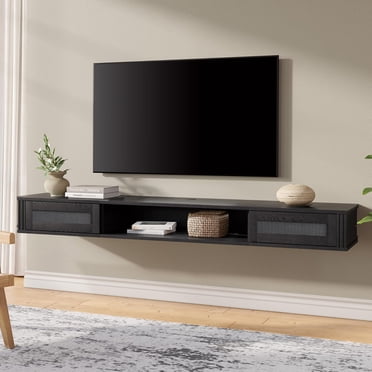 FITUEYES Modern Floating TV Stand with Power Outlet, 70 inch Wall Mounted Shelf Under TV with 2 Rattan Doors for Living Room, Bedroom,Black