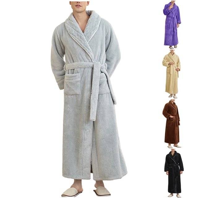 Horkkom Robe for Men Winter Fleece Fuzzy Bathrobe Warm Tie Solid Color House Coat with Pockets M, Gifts for Men